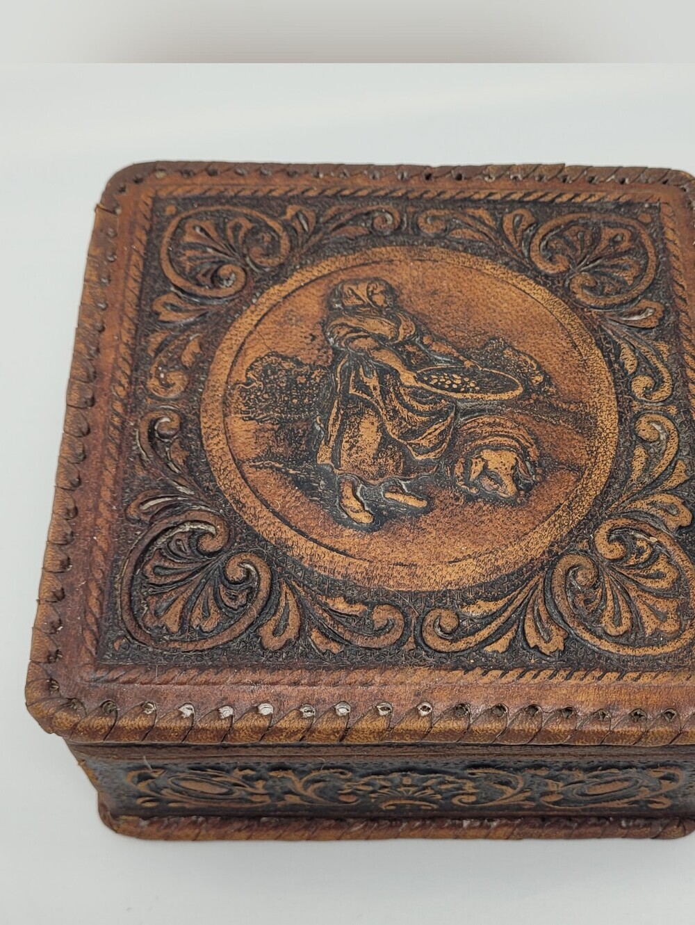 Vintage Tooled Leather Over Wood Trinket Box